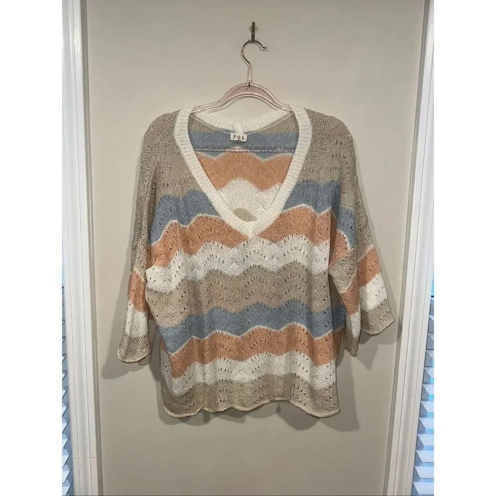 Women's POL Anthropologie Chevron Eyelit Vneck Sweater Medium